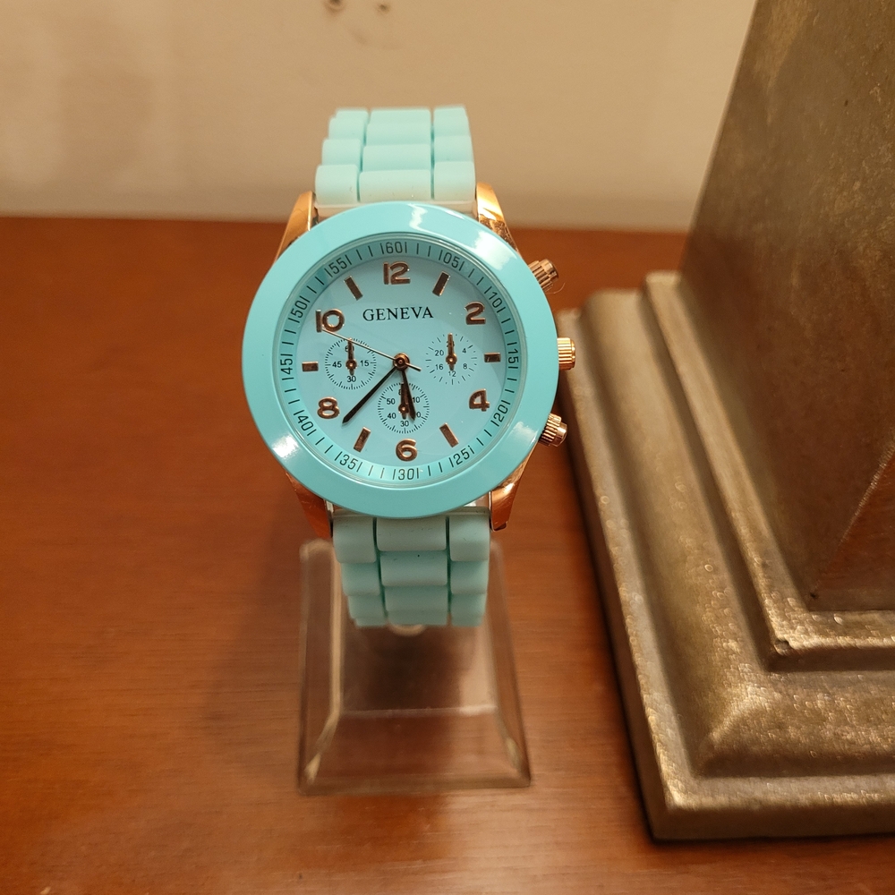 Brand New Aqua Blue & Rose Gold Geneva Women's Silicone Watch